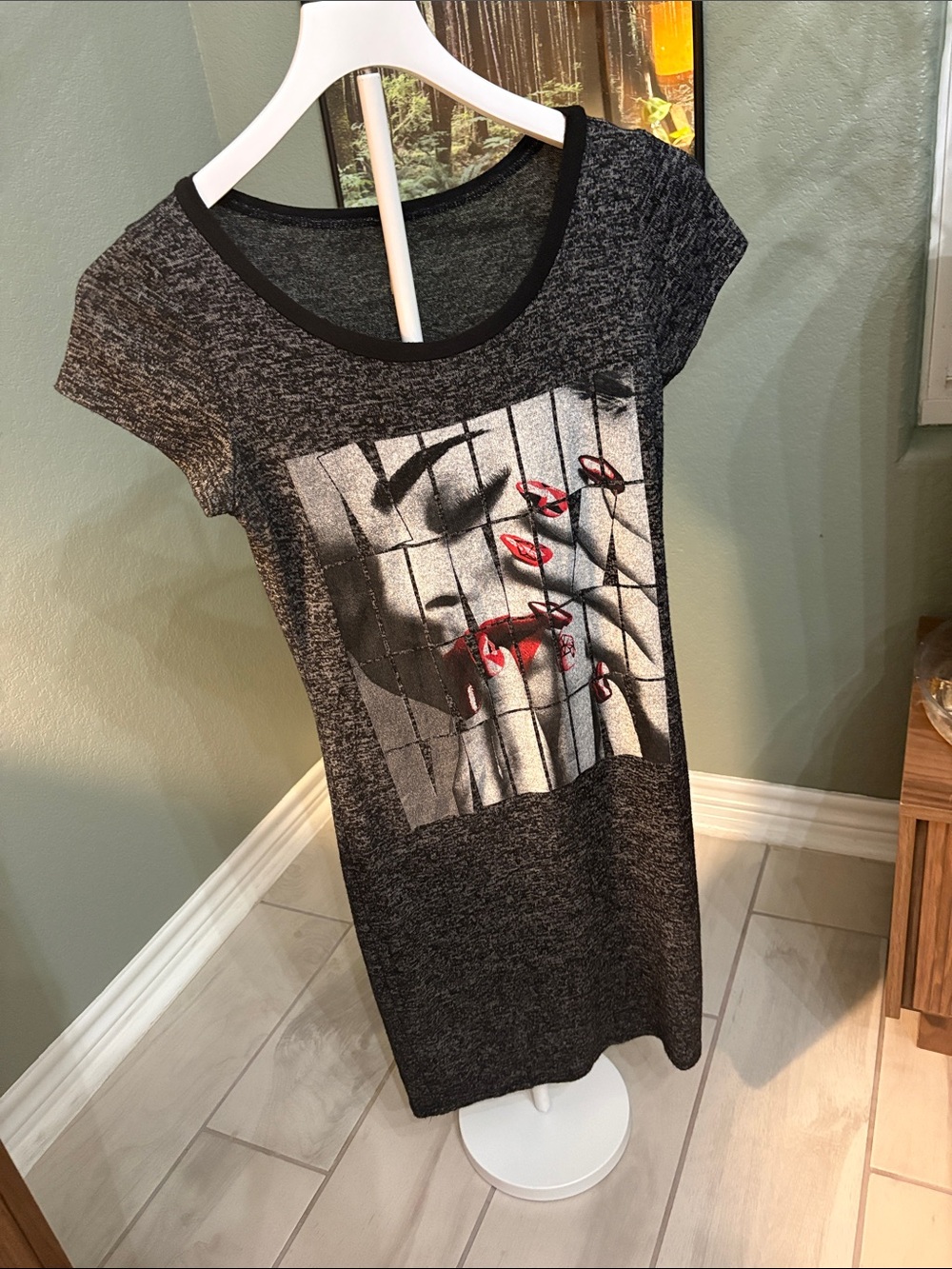 Women's Charcoal Graphic Tee Tunic with Red Lip Detail